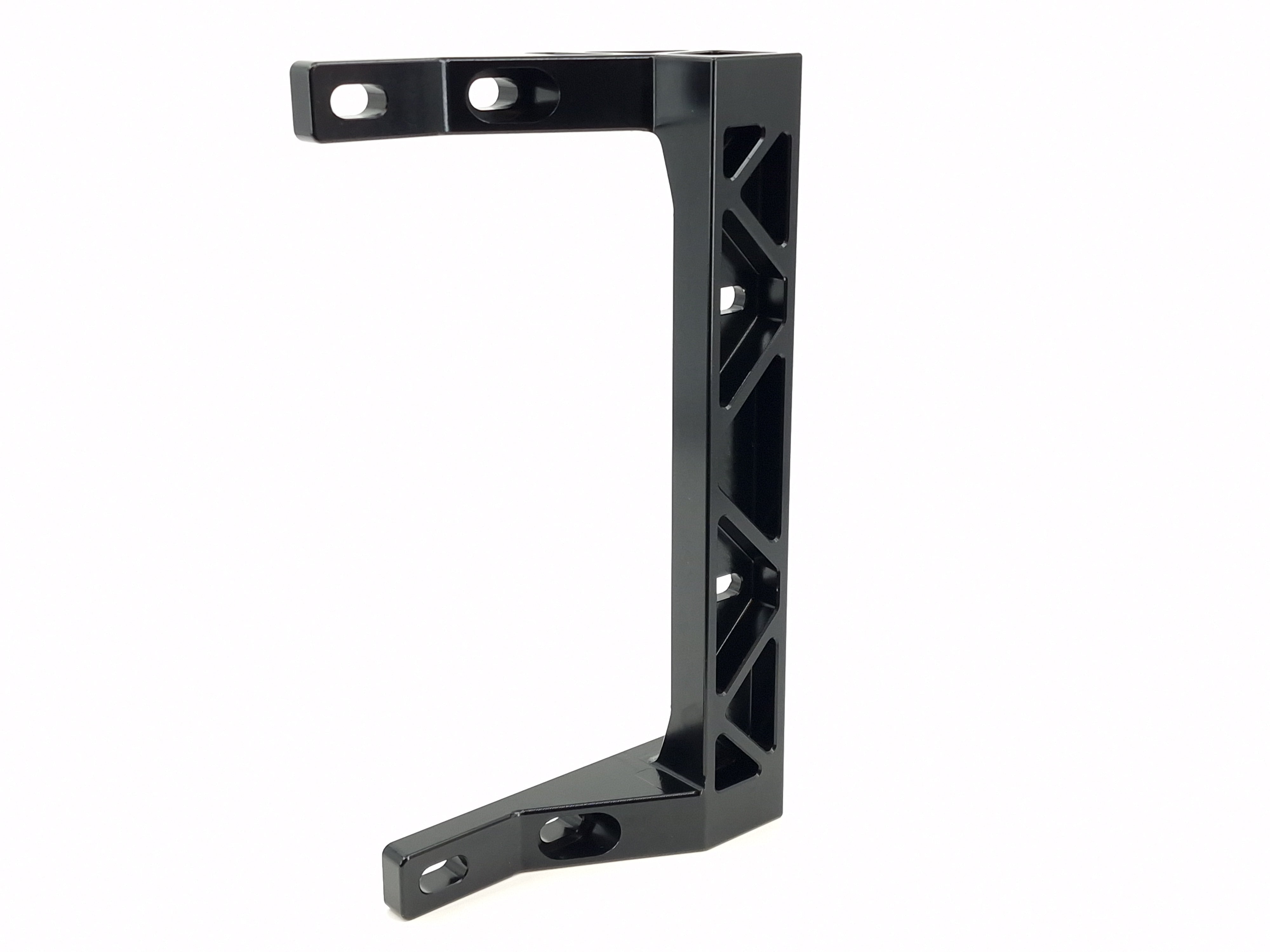 Black L-shaped mounting bracket with bolt holes and reinforced side braces