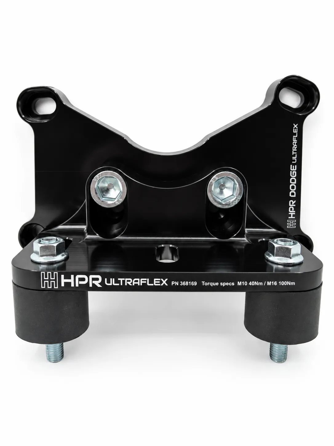 Black HPR Ultraflex rear transmission mount with two hex nuts and stud bolts