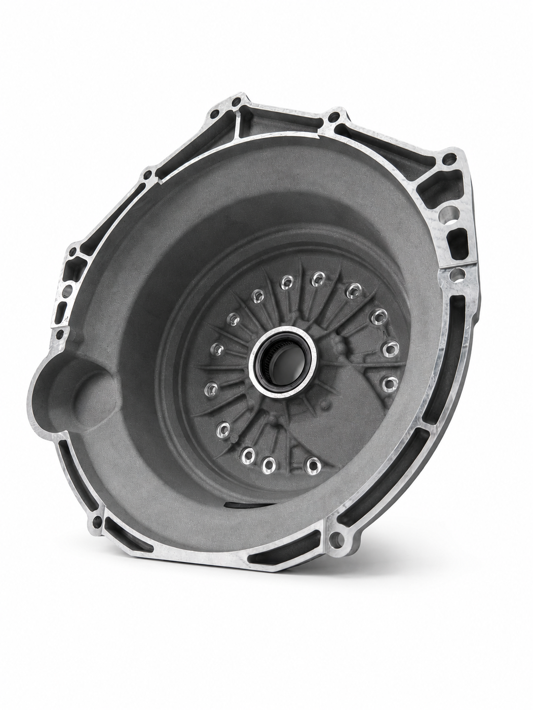 Bellhousing cover with central opening and perimeter bolt holes, dark gray metal