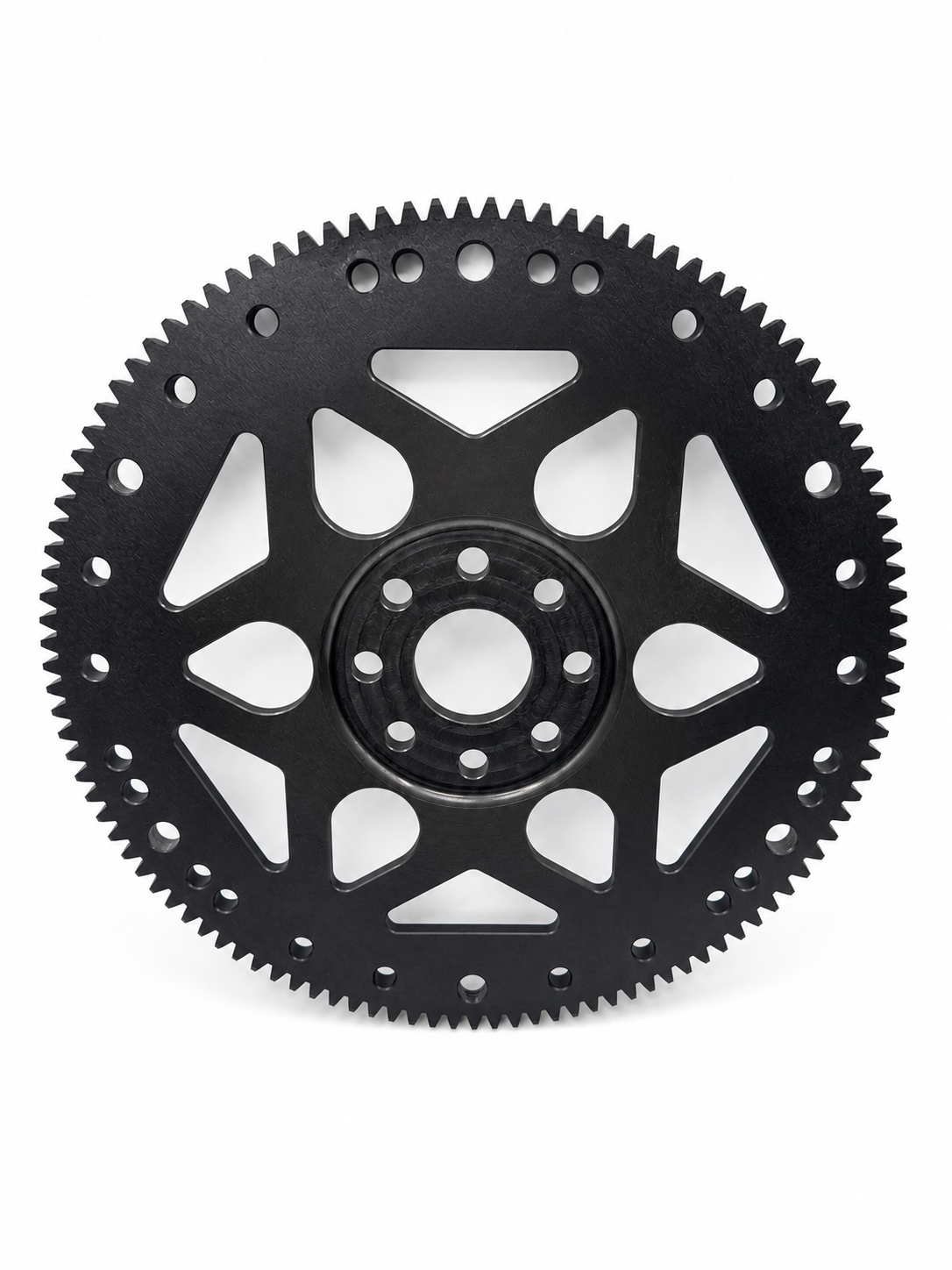 Black toothed flexplate with circular bolt pattern and central hub opening