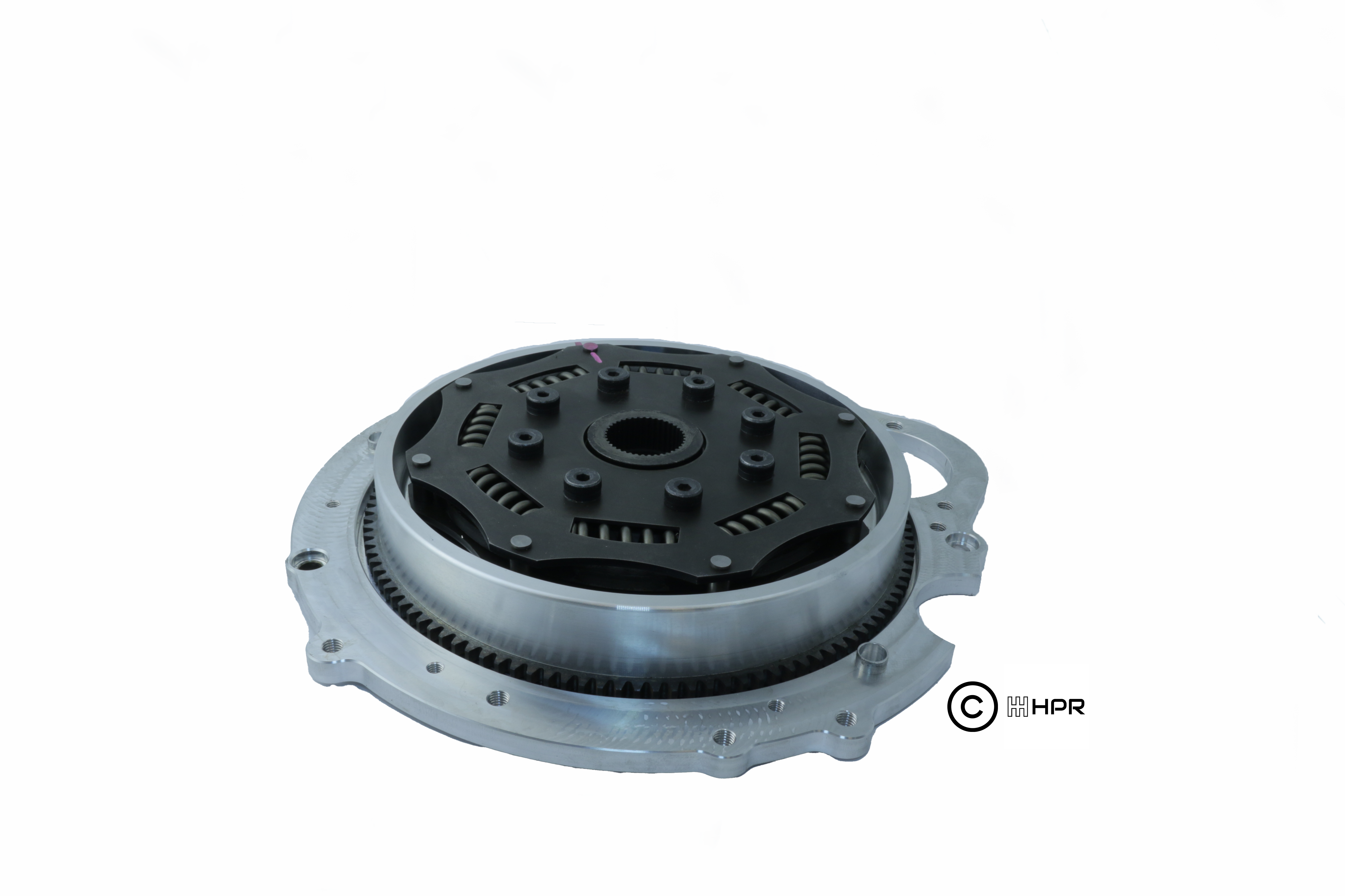 Silver and black flywheel assembly with gear ring and central hub opening