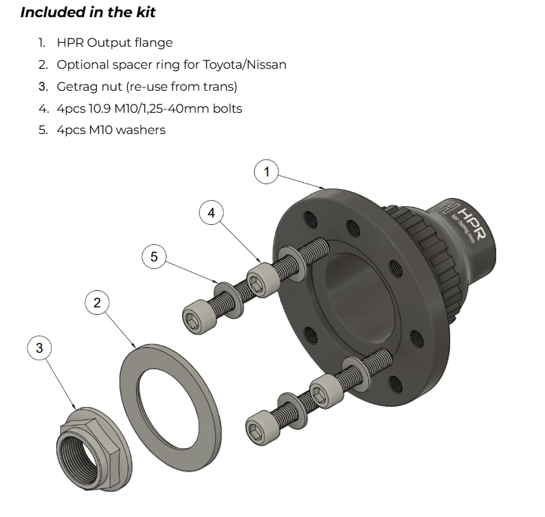 HPR GS7 DCT output flange kit parts diagram with flange, spacer ring, and bolts