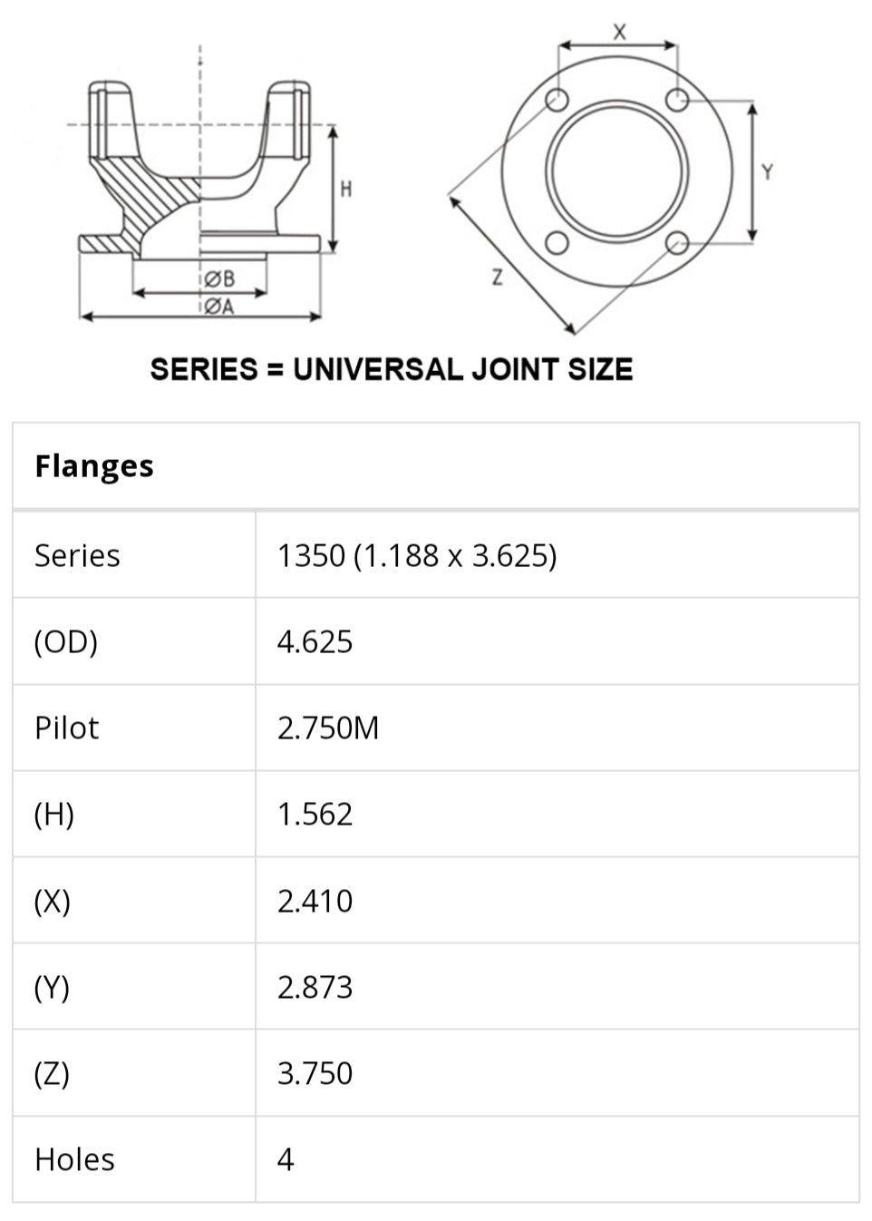 Flange dimension chart with universal joint size, hole count, and diameter measurements