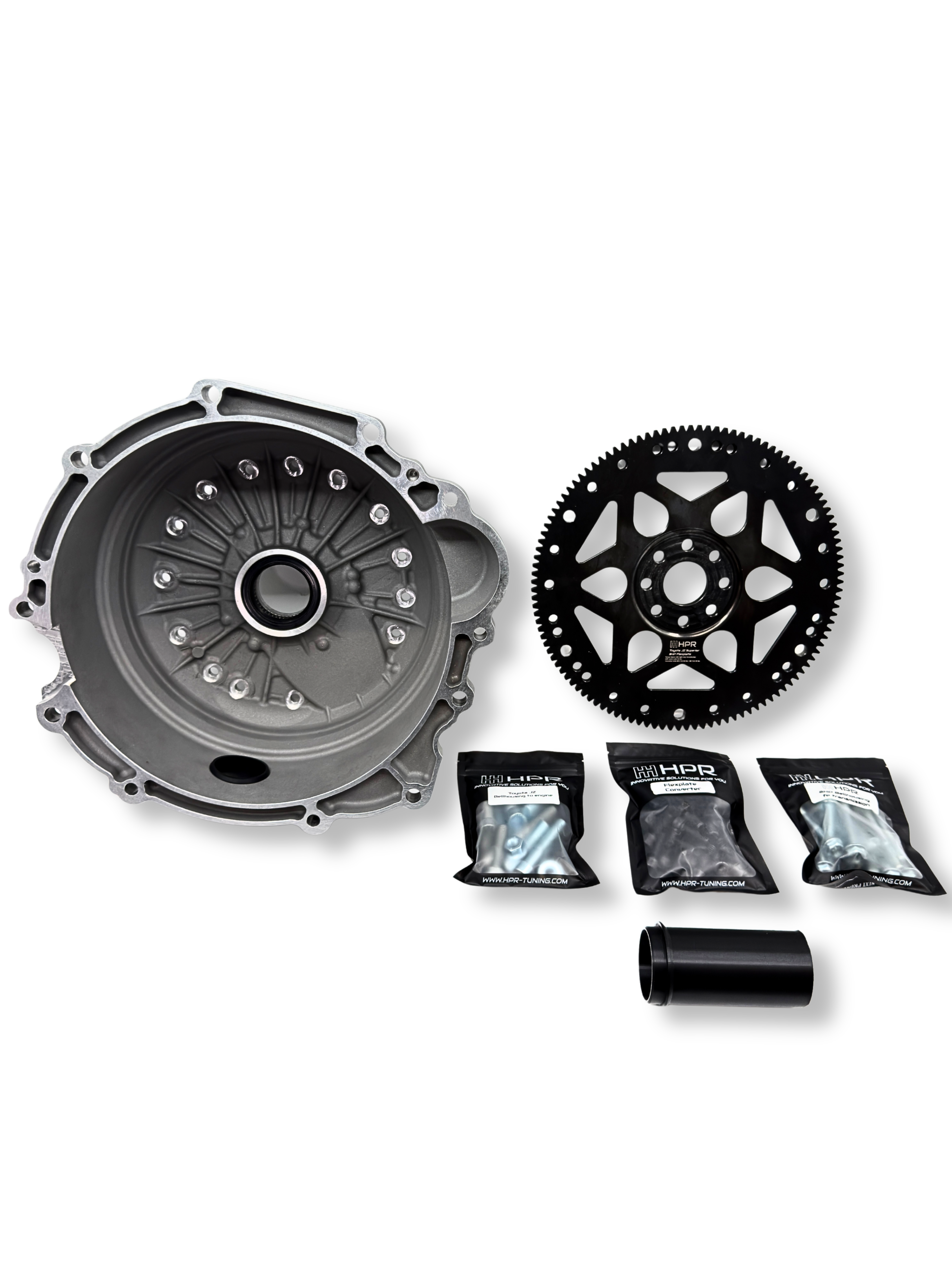 Toyota ZF bellhousing conversion kit with gray bellhousing, ring gear, and hardware parts