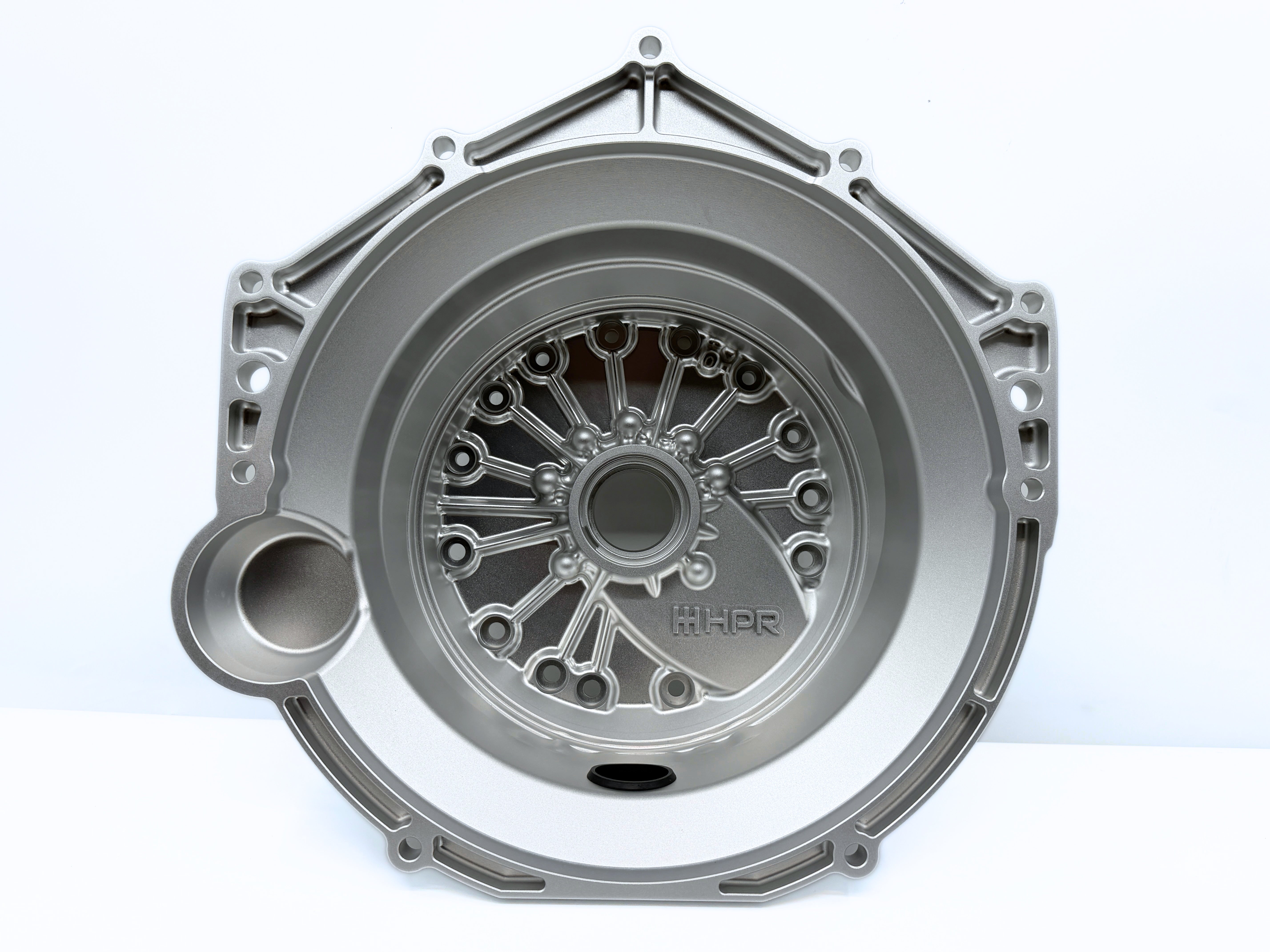 Metal bellhousing kit with circular opening and mounted ring gear detail