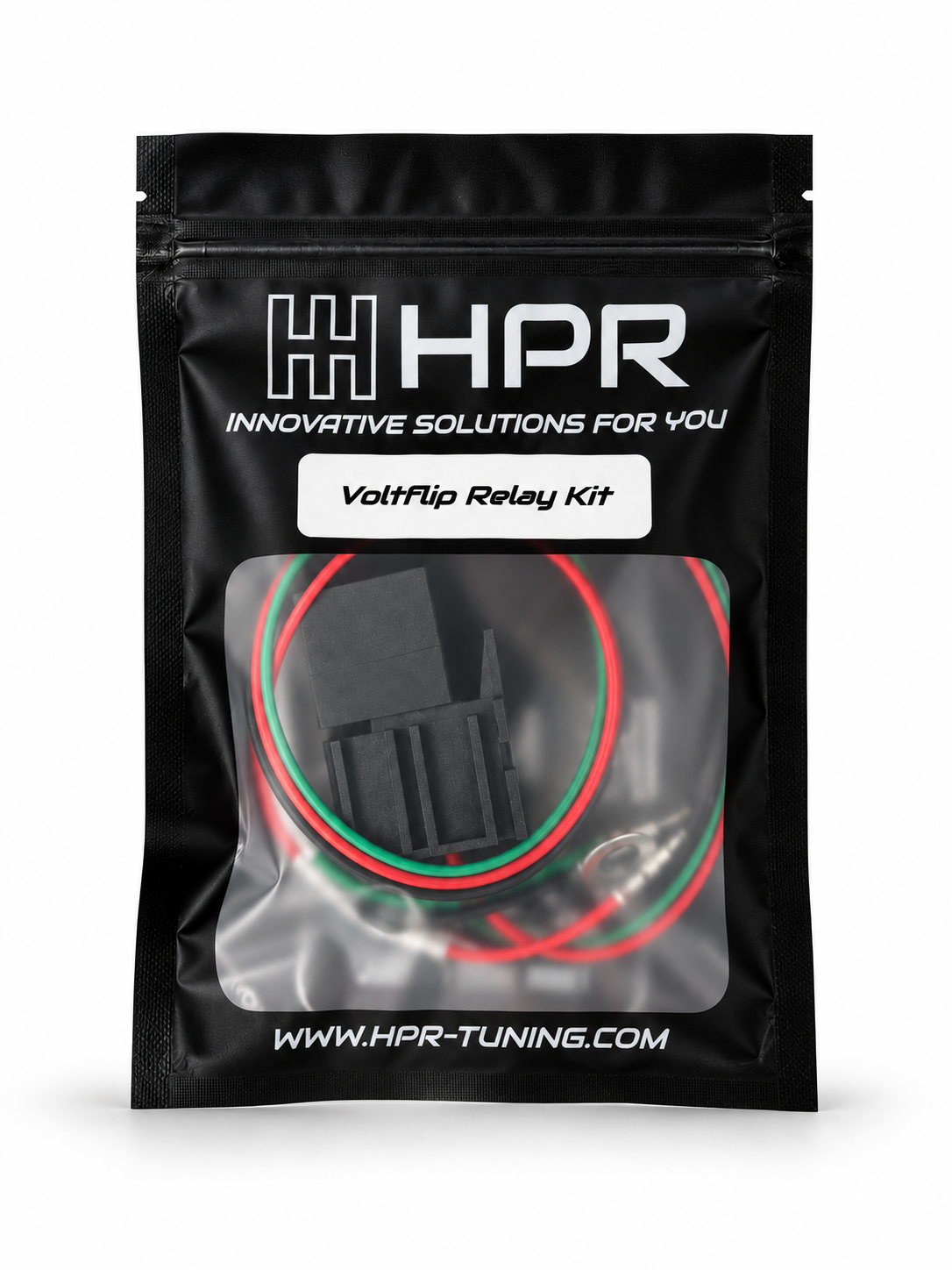 Black VoltFlip relay kit pouch with wiring leads diagram and HPR branding