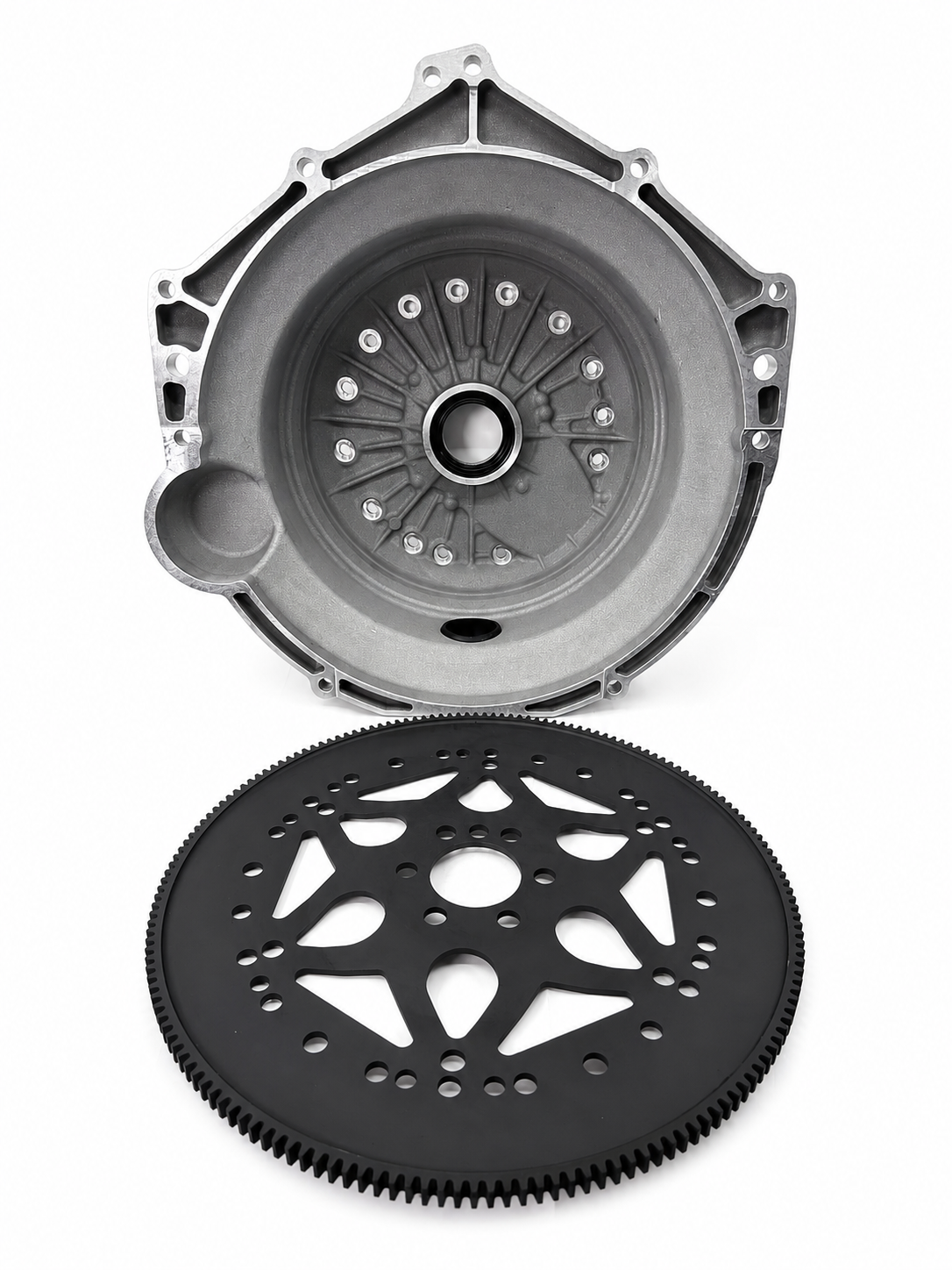 Bellhousing cover and flexplate with ring gear bolts, metal and black finish
