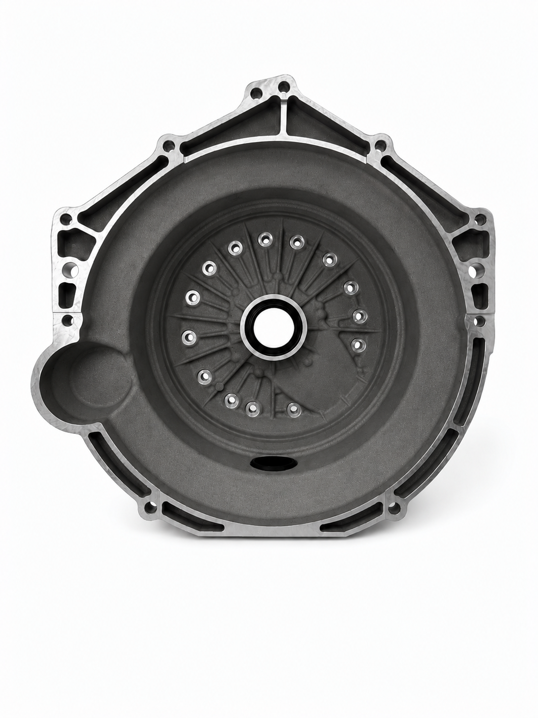 Bellhousing cover with circular bolt pattern and central opening, black metal