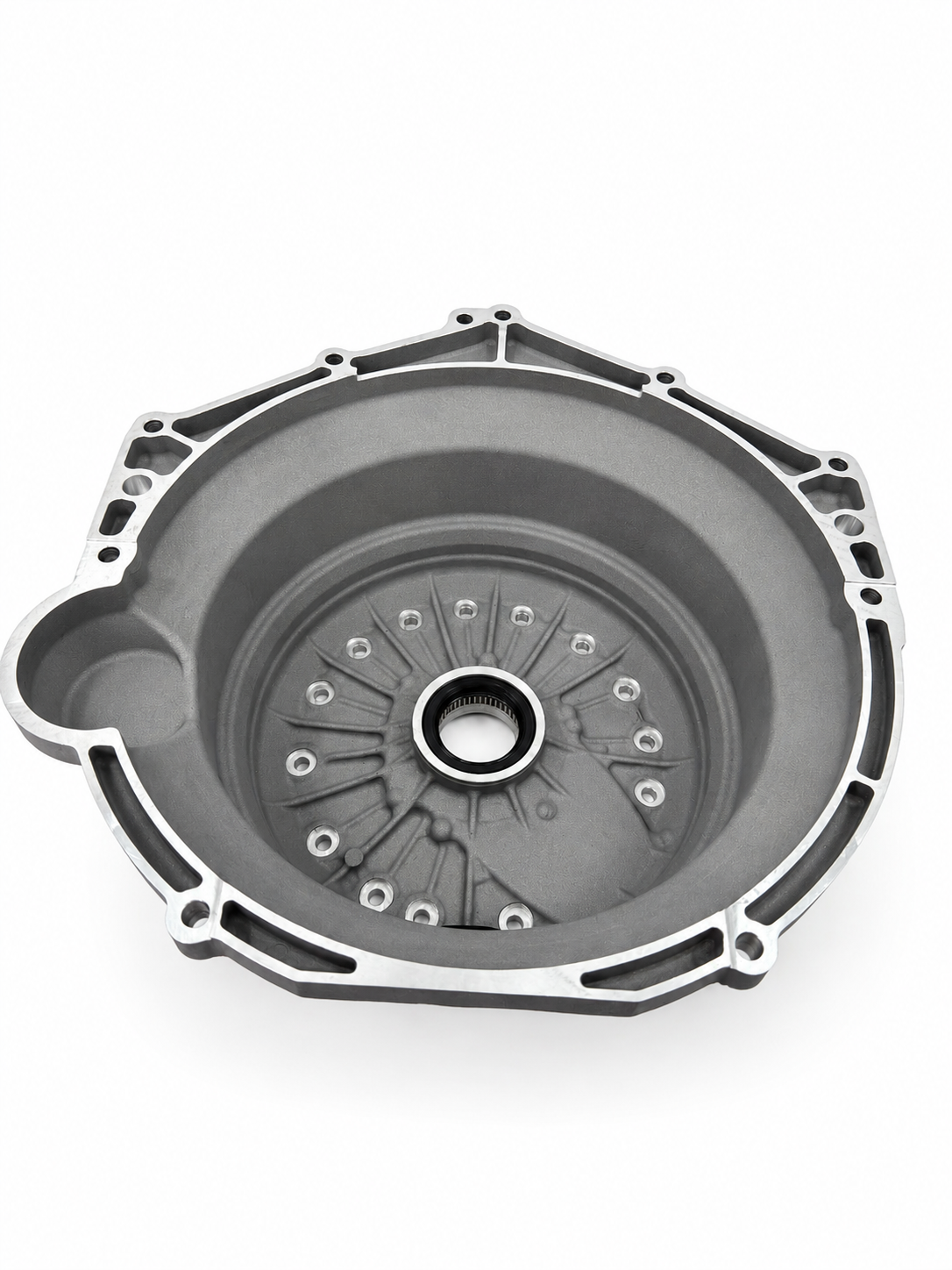 Bellhousing cover with central opening and mounting bolt holes, dark gray metal