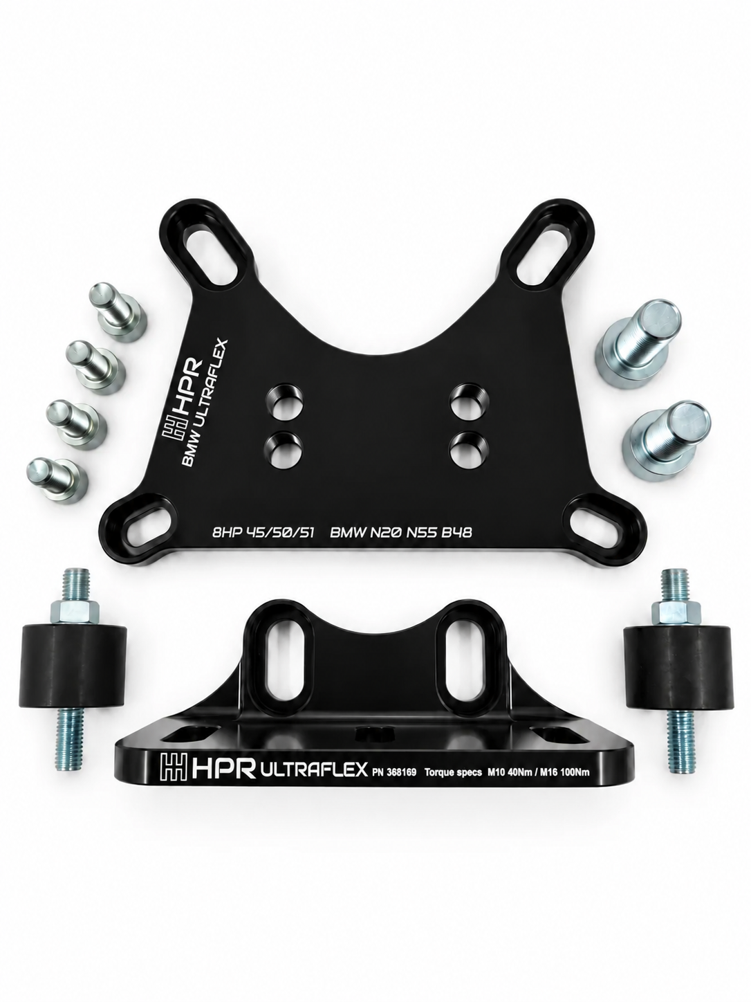 Black rear transmission mount with rubber bushings and included bolts and nuts