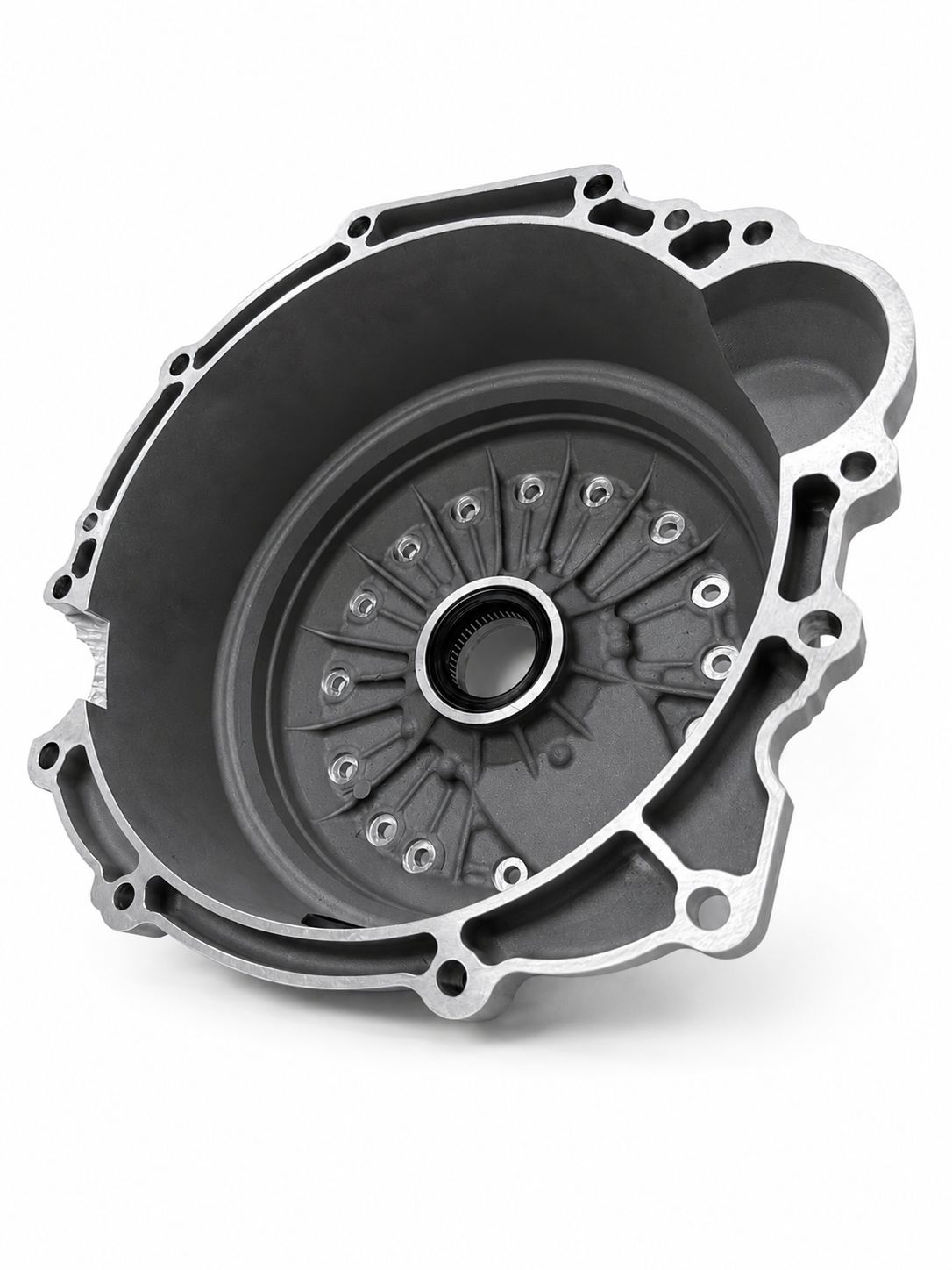 Superior bellhousing kit, angled view showing black inner plate and center bearing hole