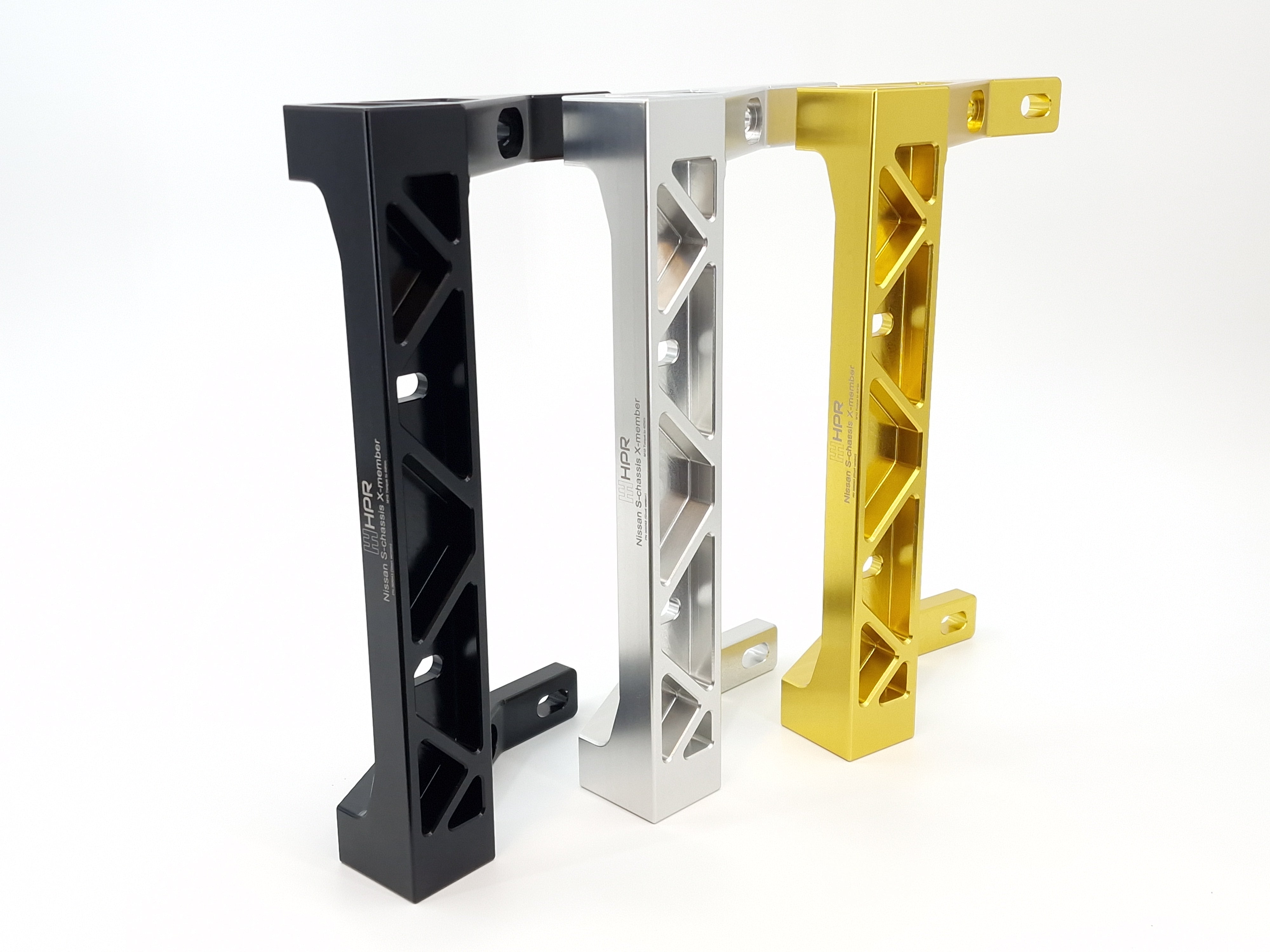 Vehicle kit support frame set with black, silver, and gold cross members