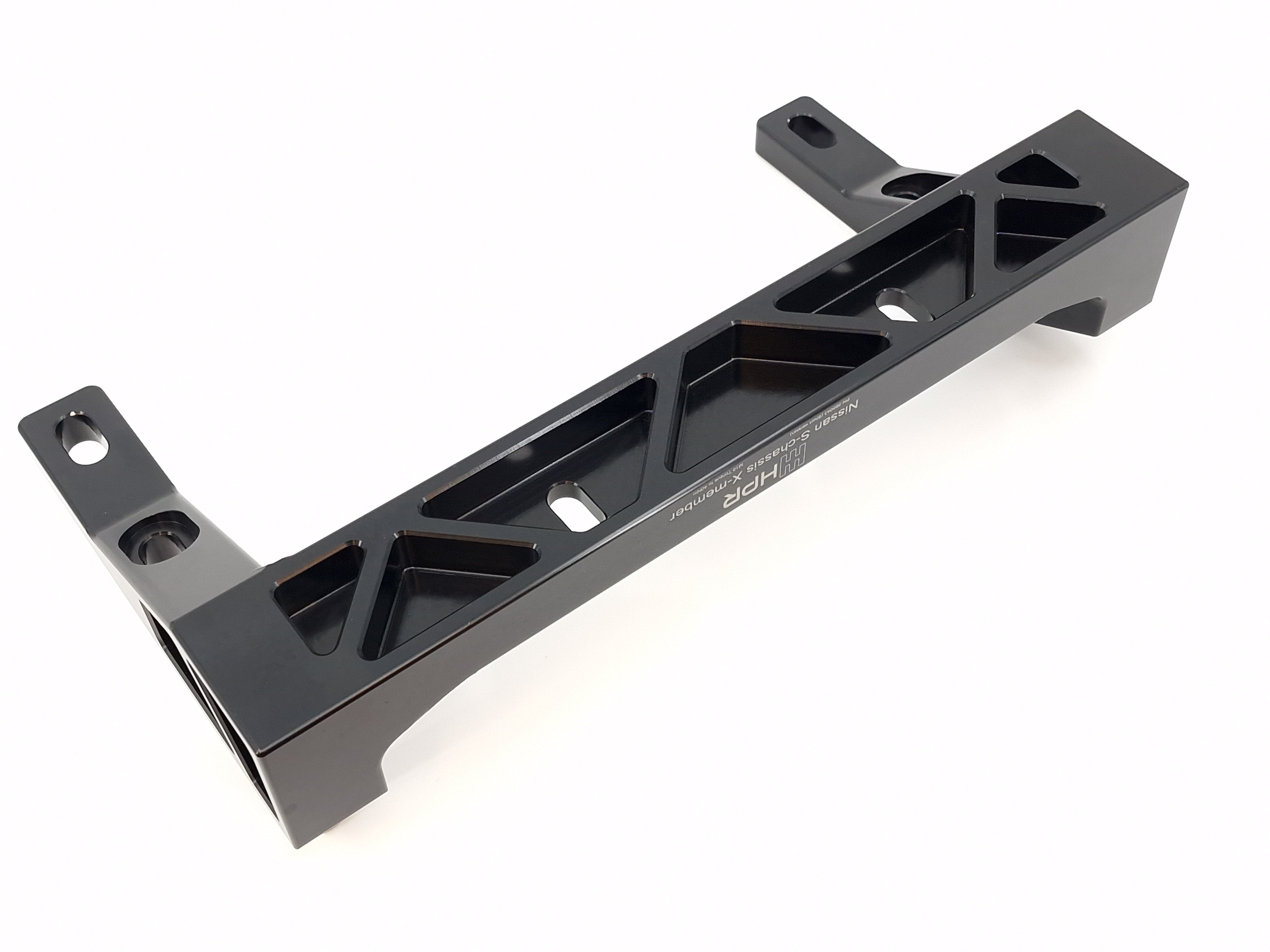 Black mounting crossmember with elongated cutouts and mounting holes