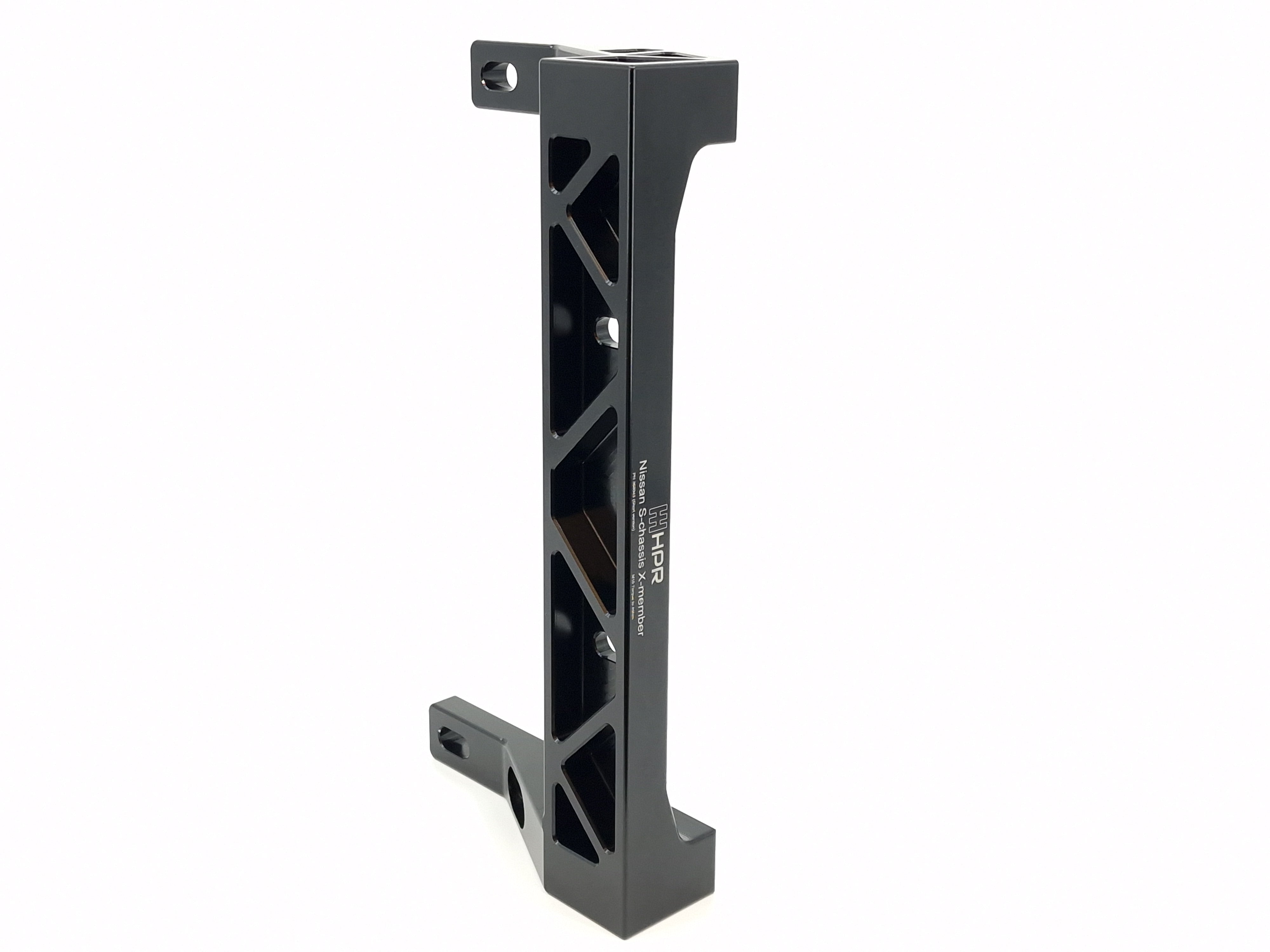 Black metal chassis bracket frame with angled braces and mounting holes