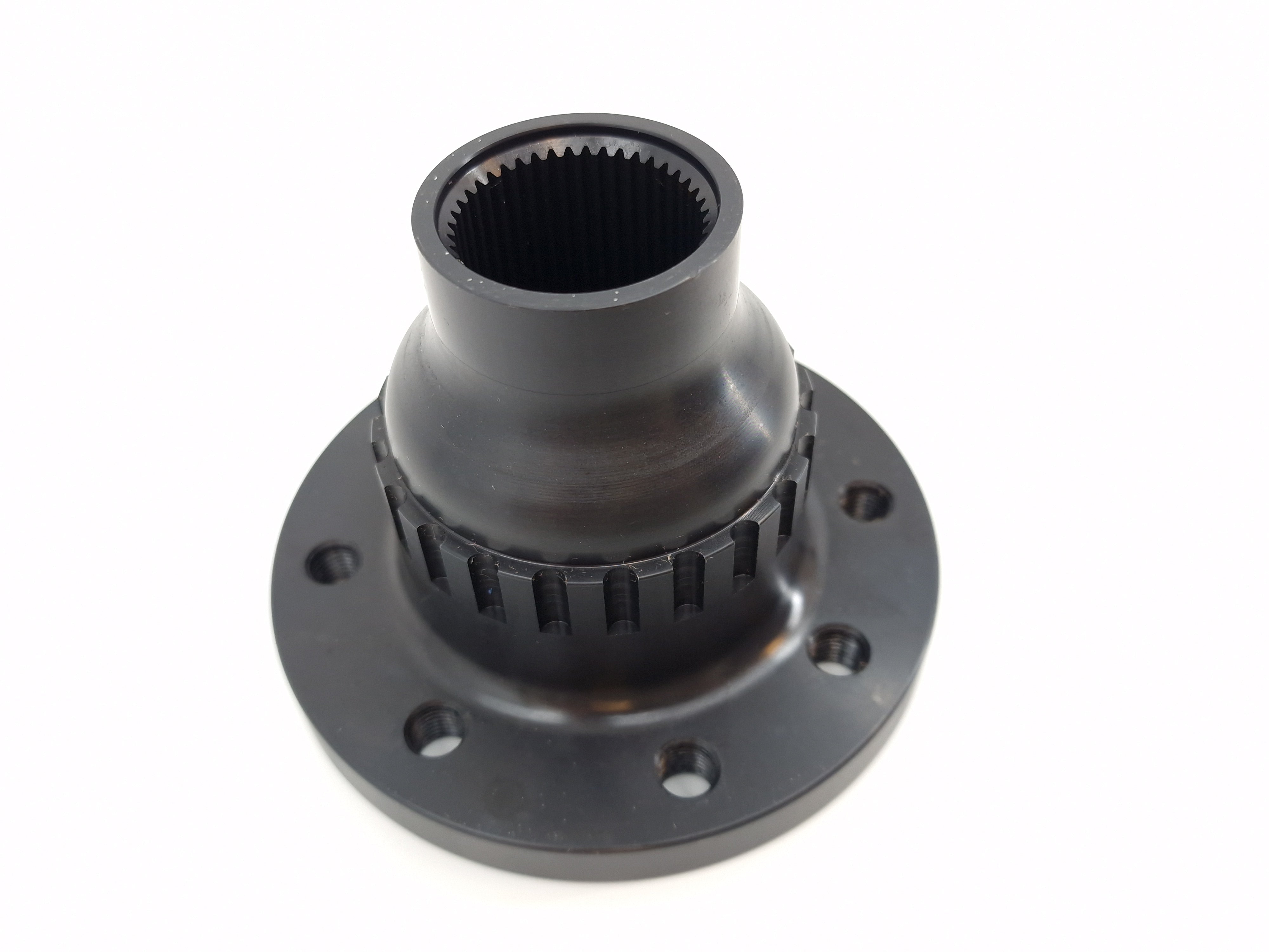 Black wheel hub flange with toothed collar and circular mounting bolt holes