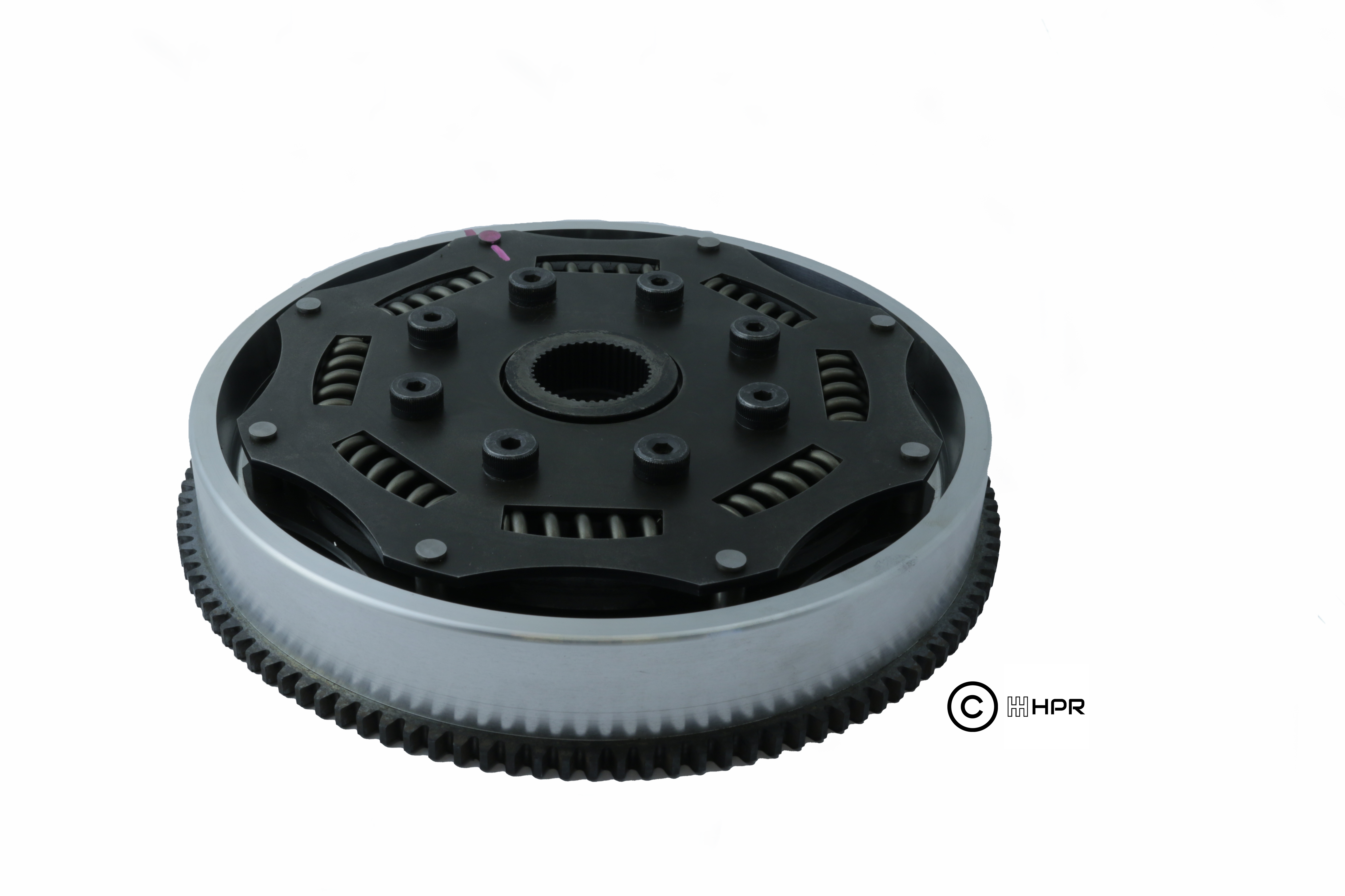 Black flywheel-style gear ring with bolt holes and central hub opening