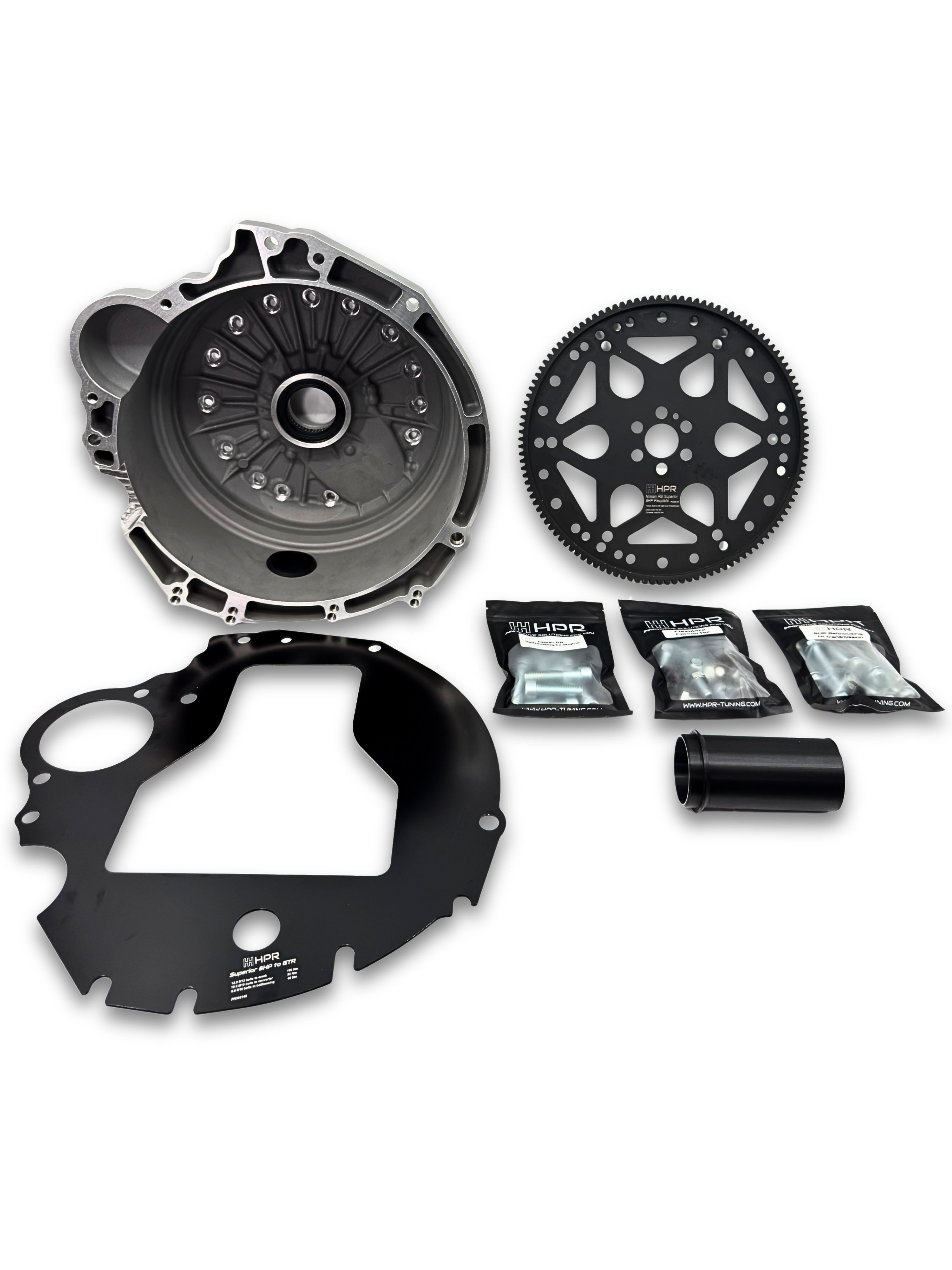 HPR bellhousing kit components: housing, adapter plates, flex ring, and hardware