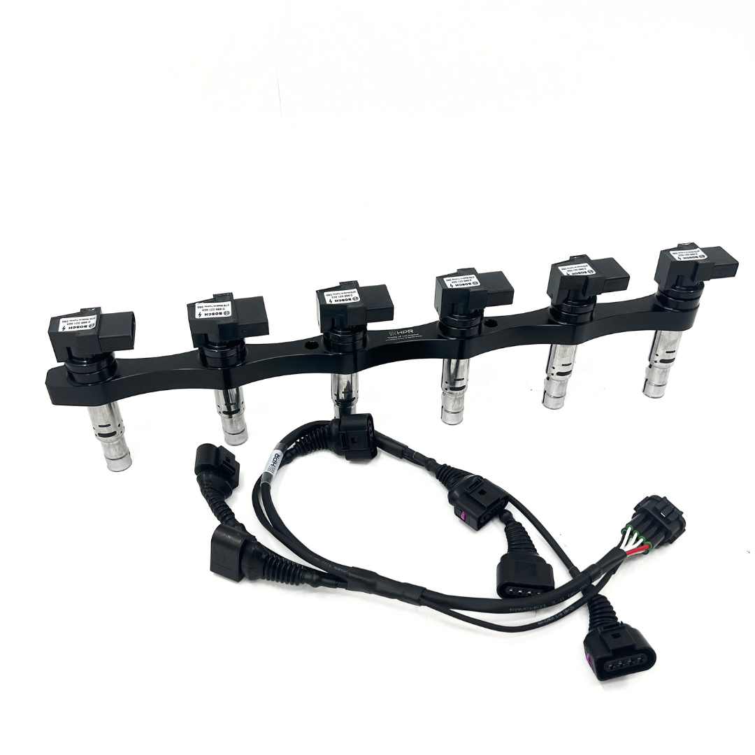 HPR Toyota coil kit that comes with a wiring harness, aluminum bracket and bosch ignition coils.