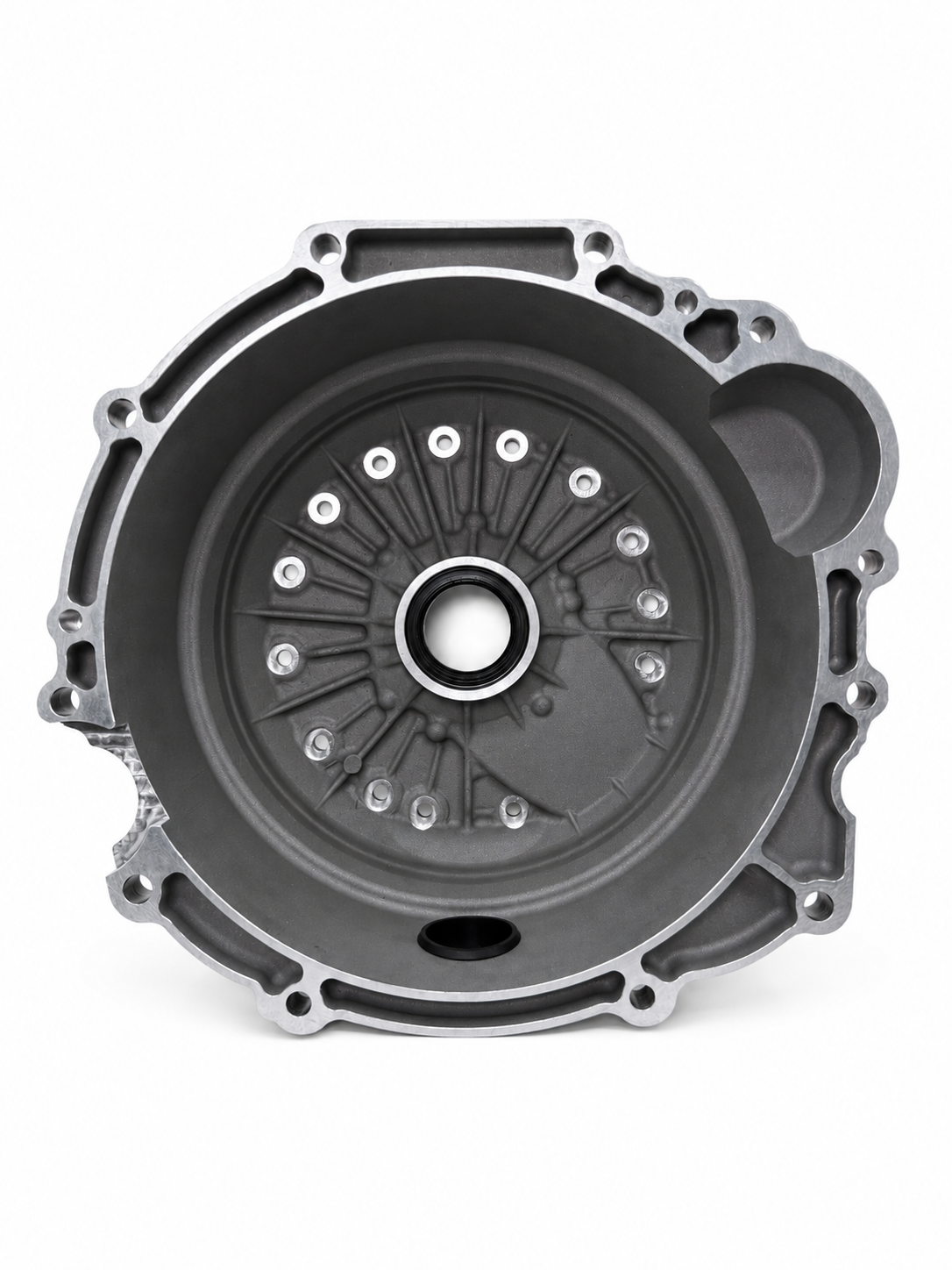 Superior bellhousing kit, top view with black inner cover and bolt holes around center