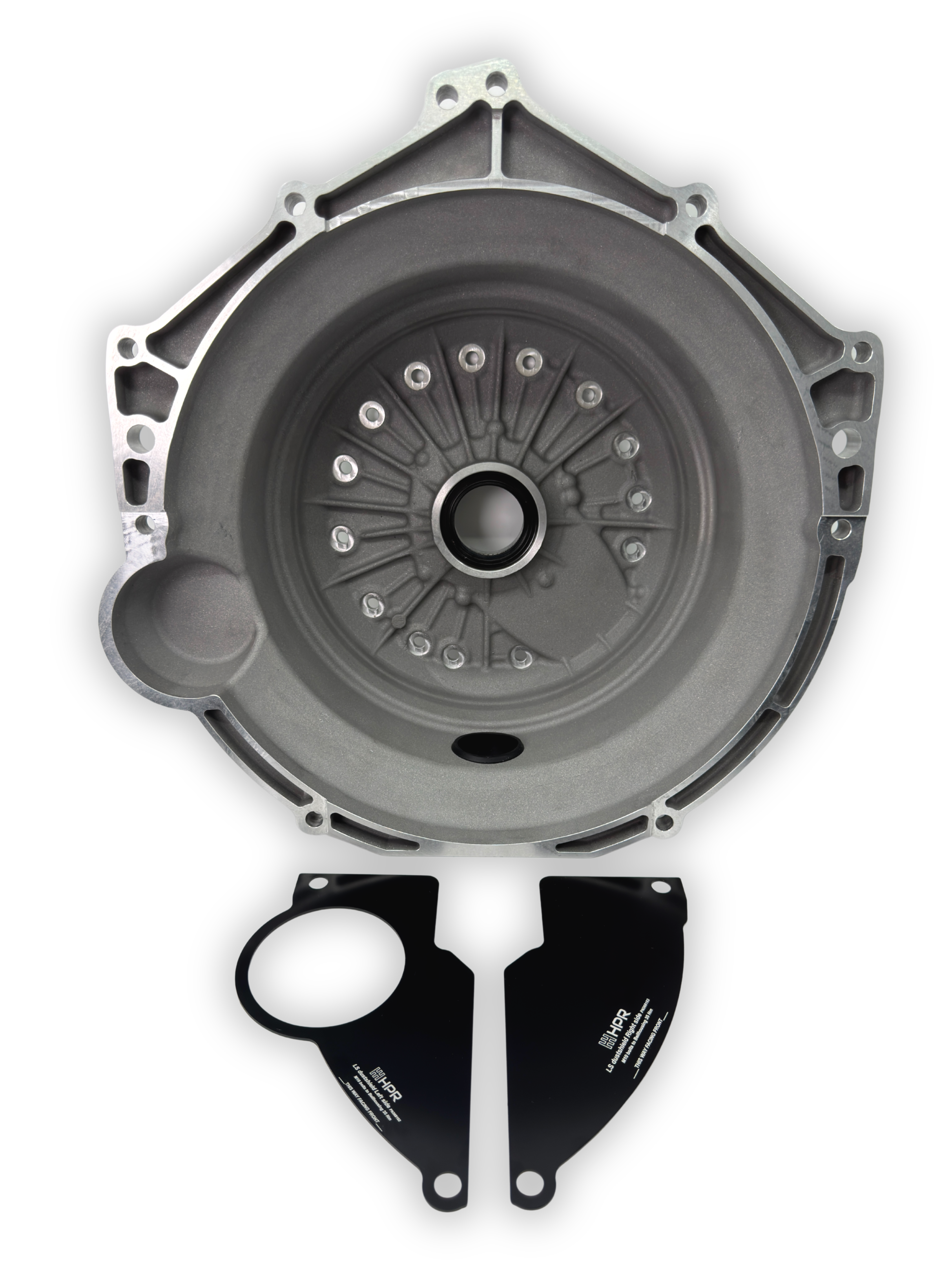 Bellhousing cover with flexplate and two black mounting plates, dark gray metal