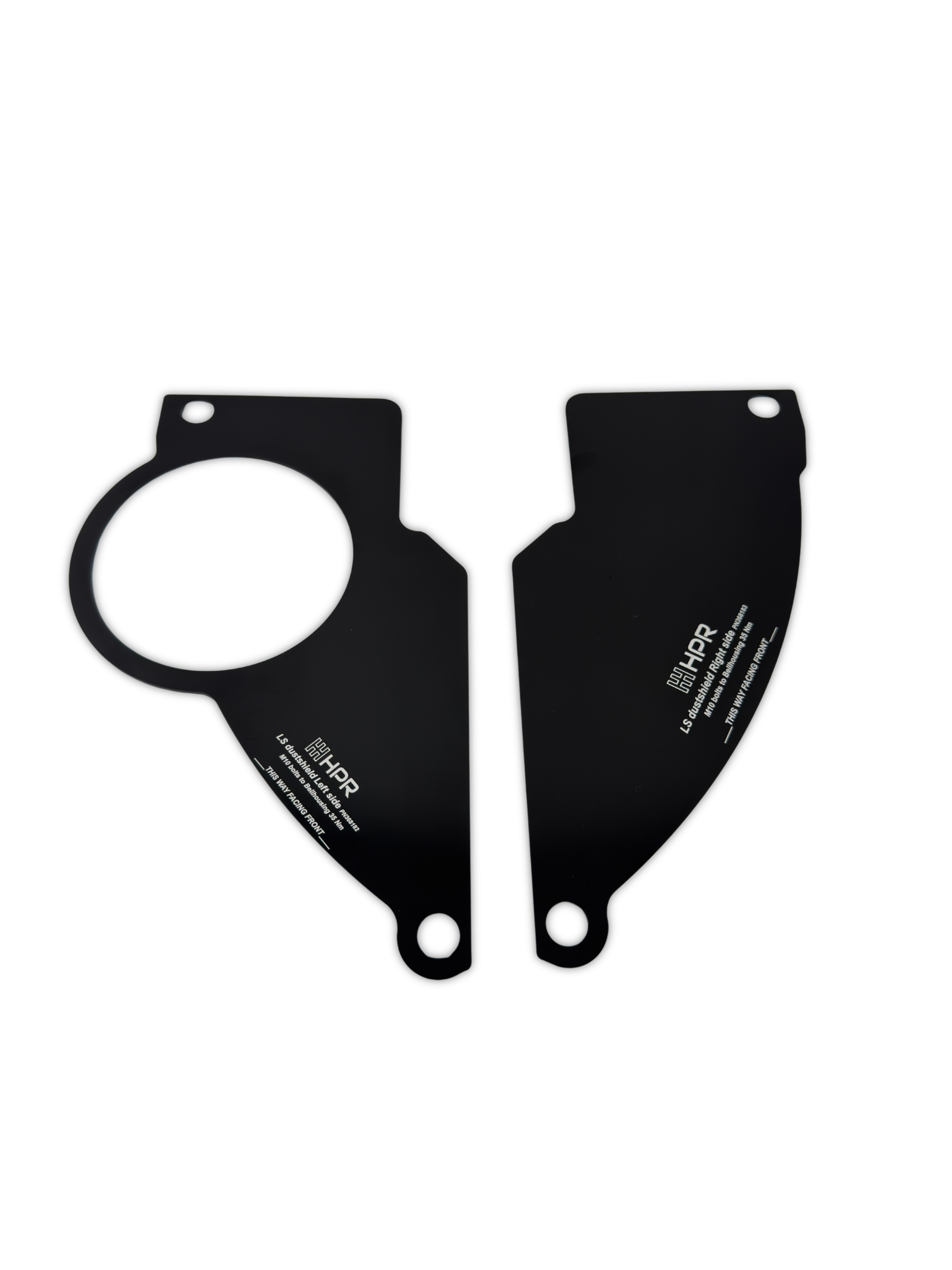 Two black mounting plates with round holes, printed HPR branding