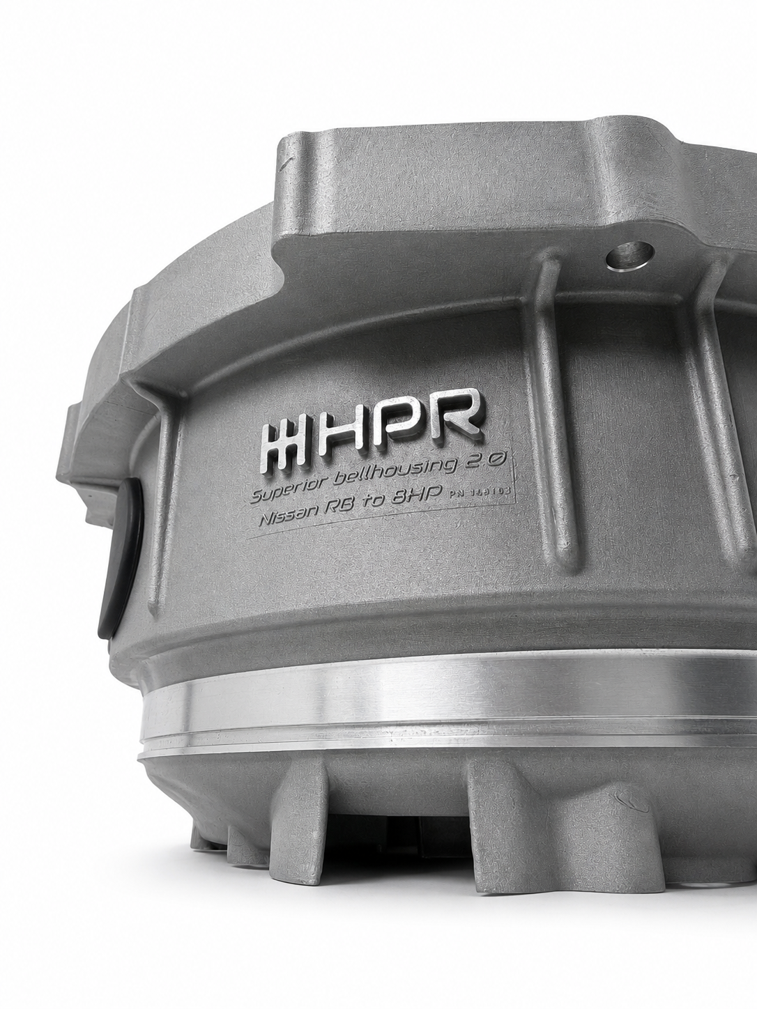 HPR bellhousing housing for Nissan RB to ZF 8HP, gray metal with mounting tabs