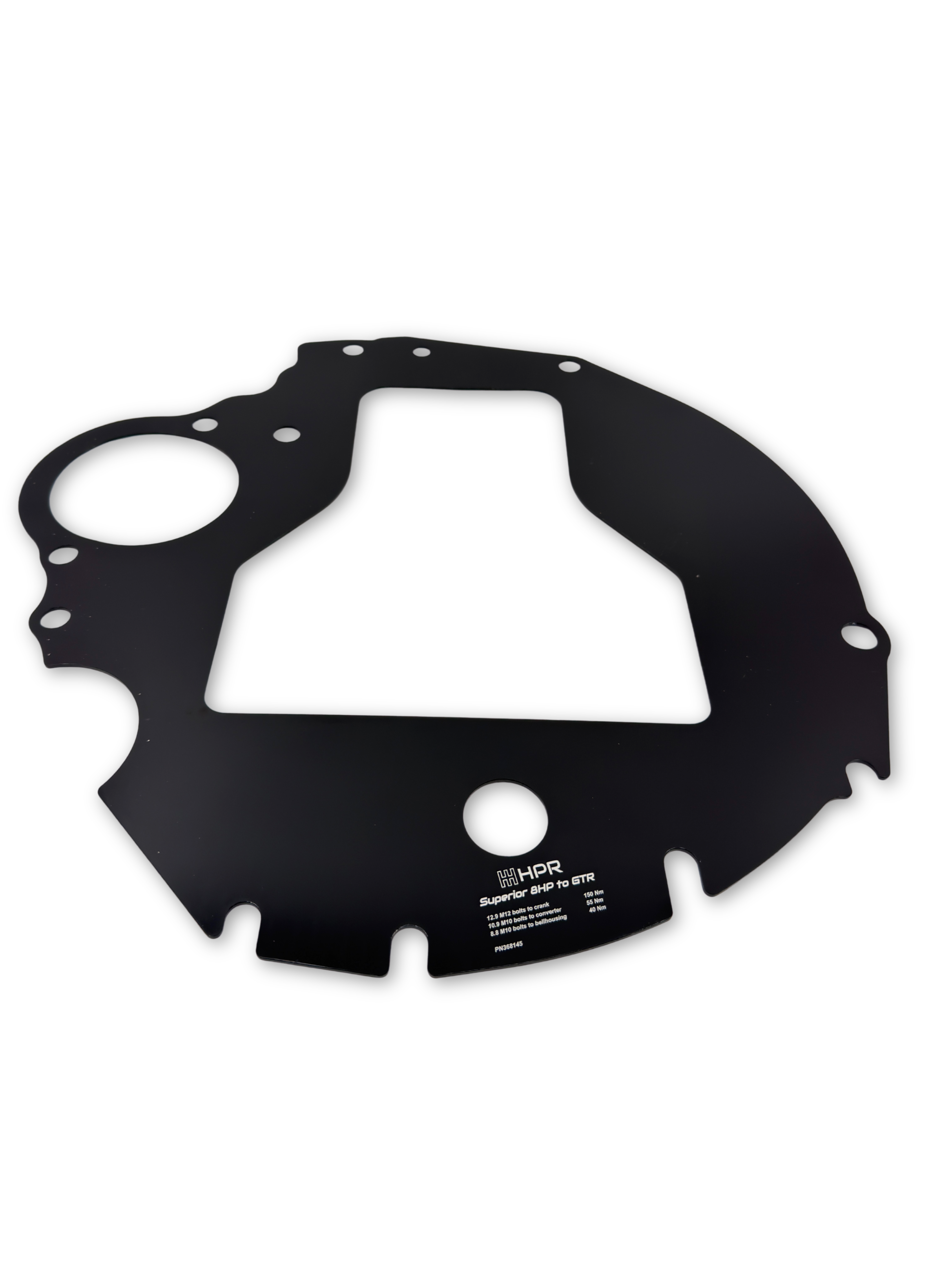 HPR black bellhousing adapter plate with circular cutout and bolt holes