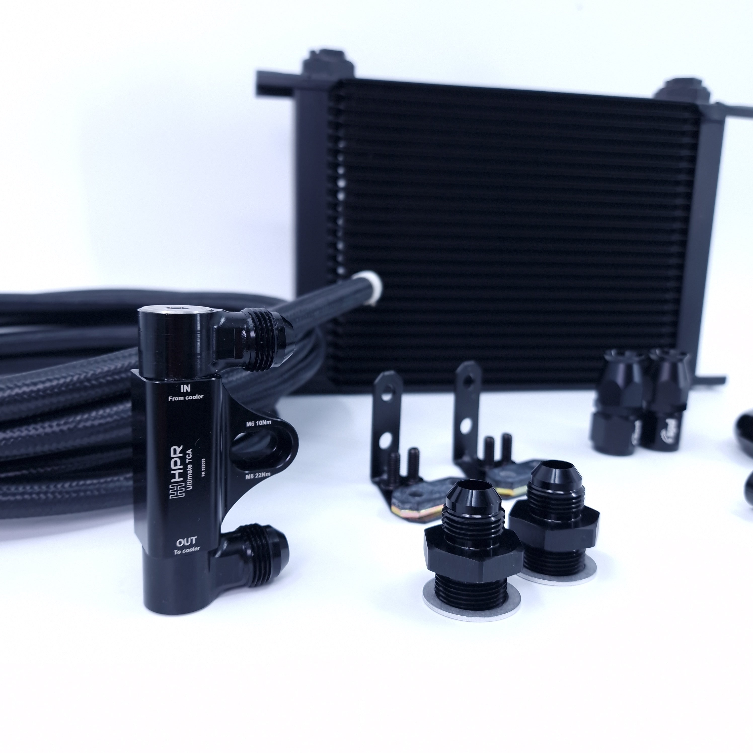8-Row Aluminum Remote Transmission Oil Cooler Kit – Universal Black Textured Cooler With Mounting Hardware