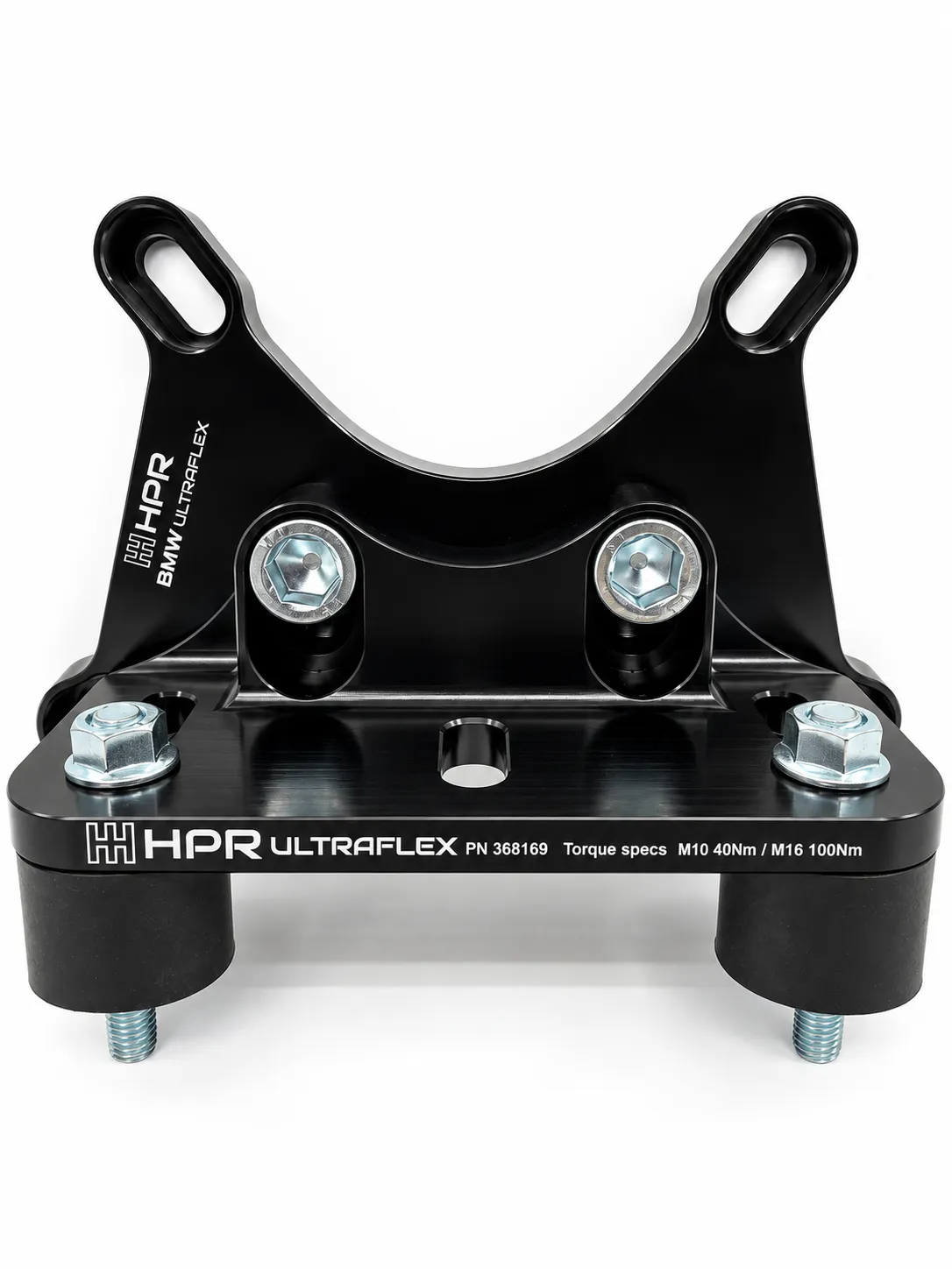 Black HPR Ultraflex rear transmission mount bracket with four corner mounting bolts