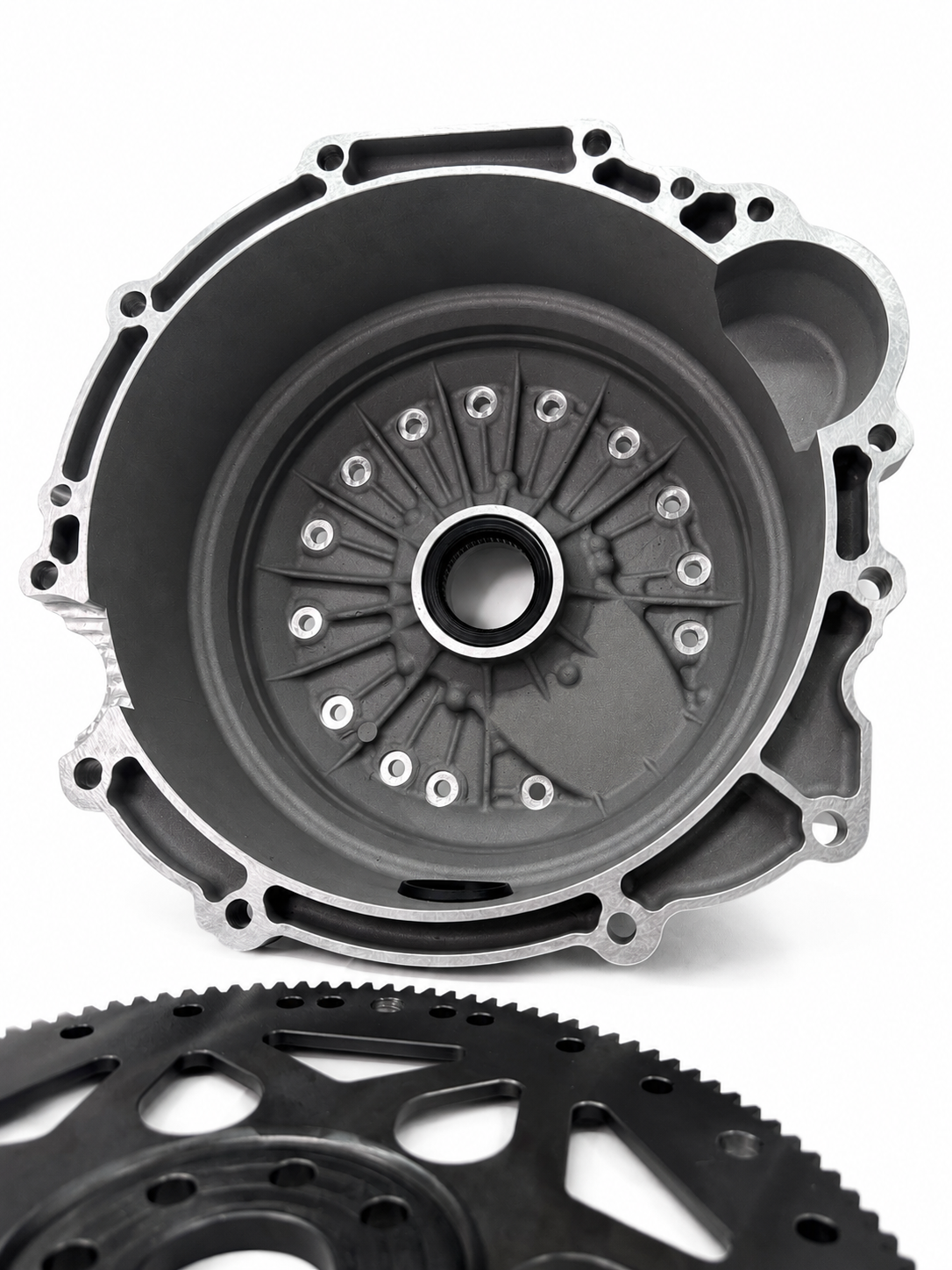 Superior bellhousing kit with black inner plate and attached toothed flexplate ring