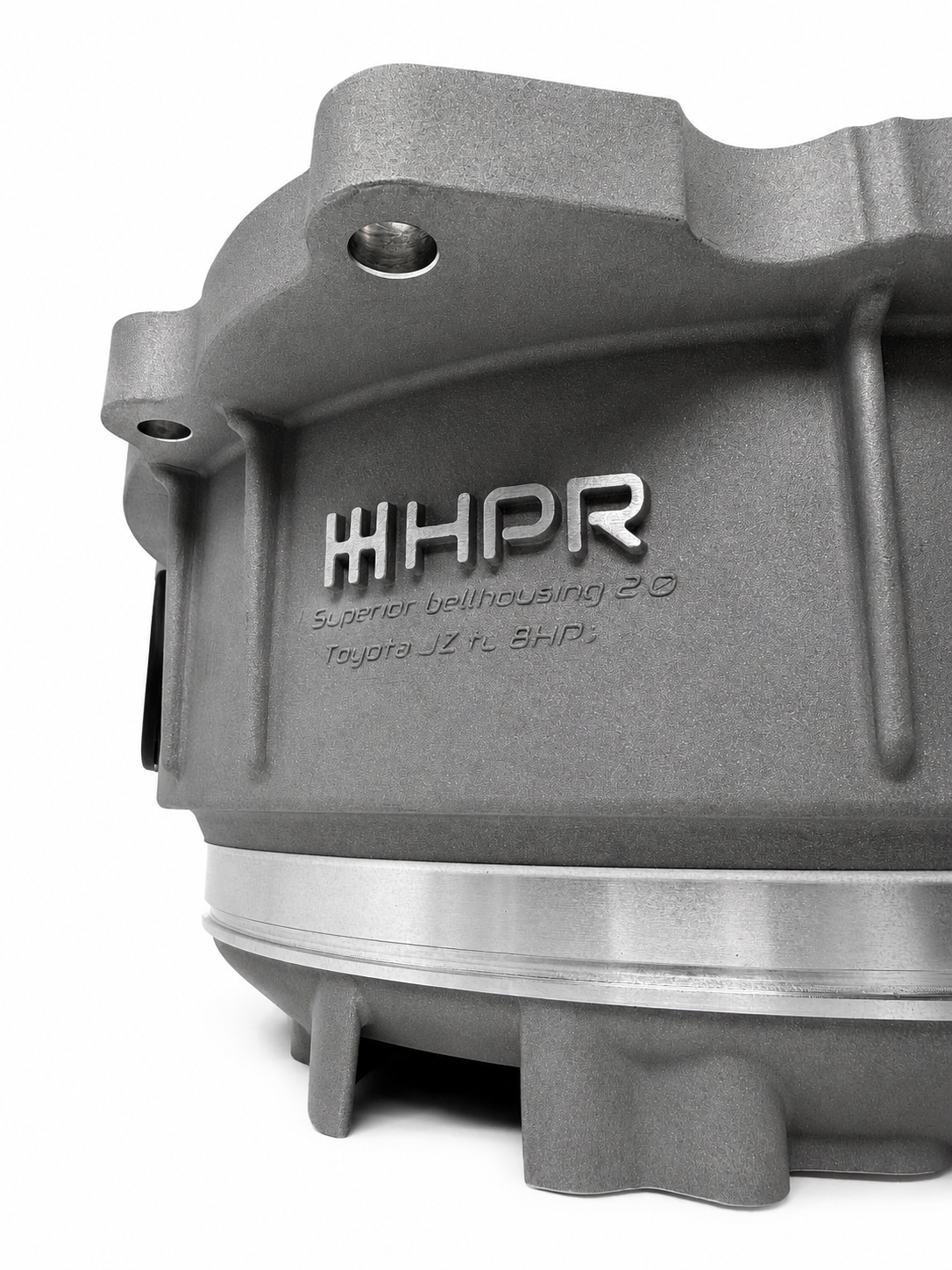 Superior bellhousing kit close-up, gray housing with HHPR logo and engraved text