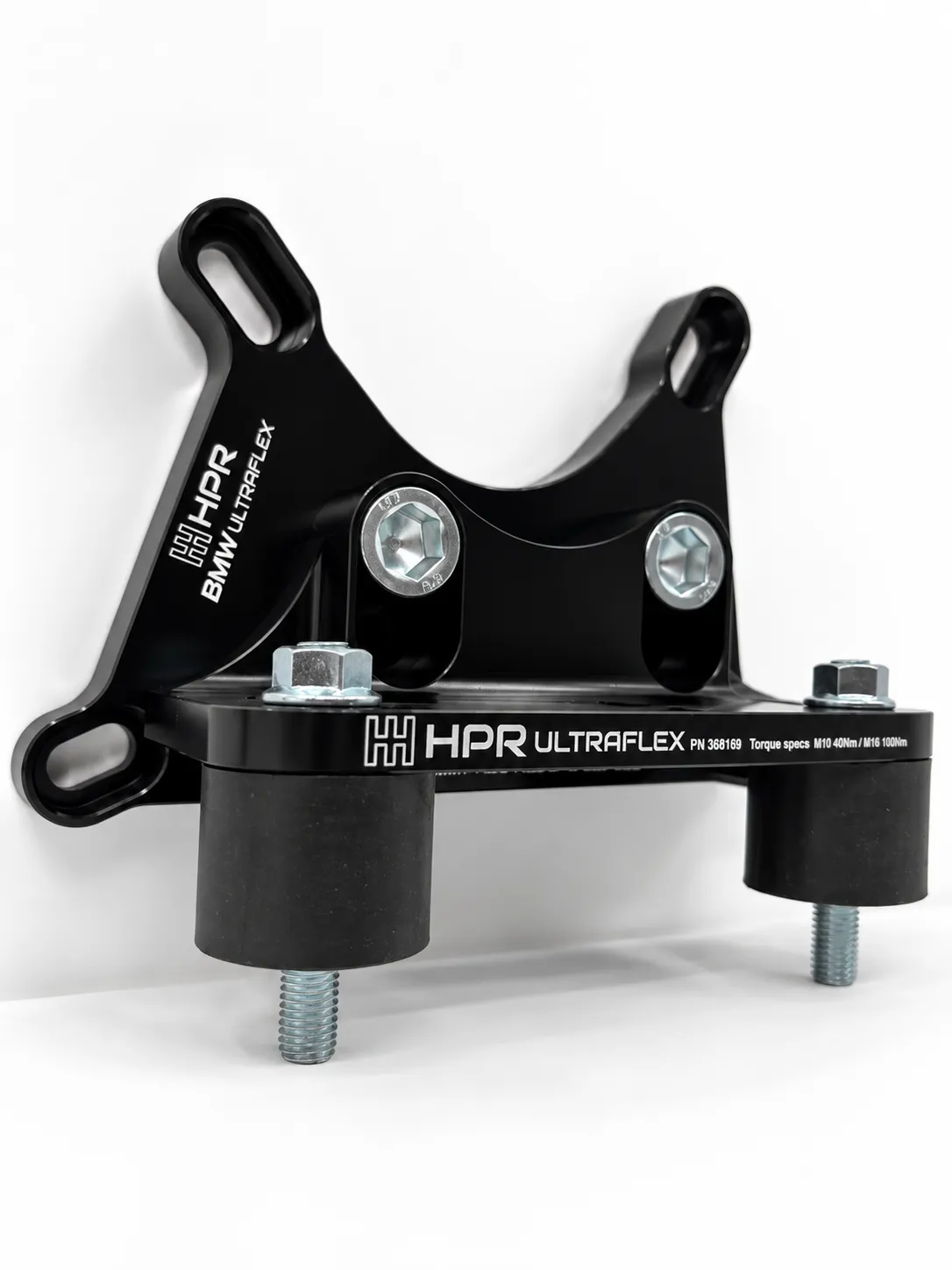 Black Ultraflex rear transmission mount bracket with two rubber isolators and bolts