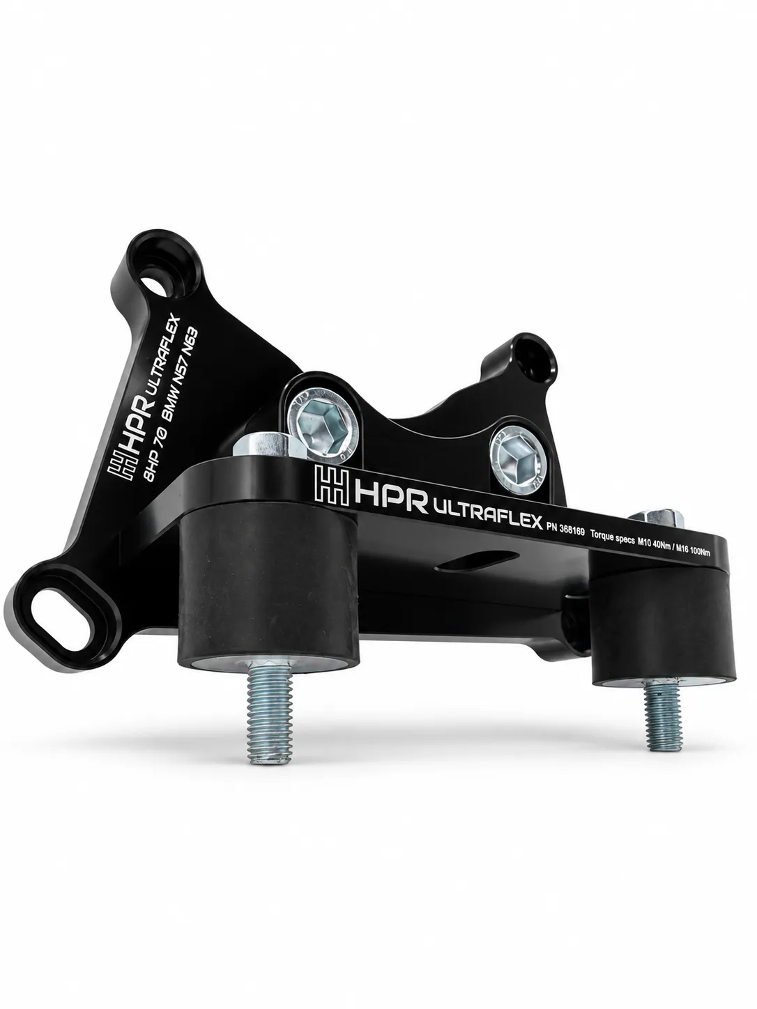 Rear transmission mount bracket, black HPR Ultraflex with curved frame and two isolators